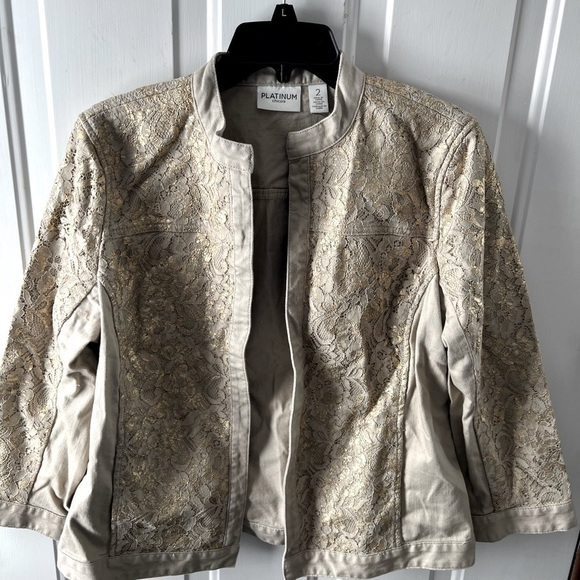 CHICOS Ladies Long Sleeve Jacket, Lace On Front Panel, Upper Back And Sleeves. - Picture 1 of 3